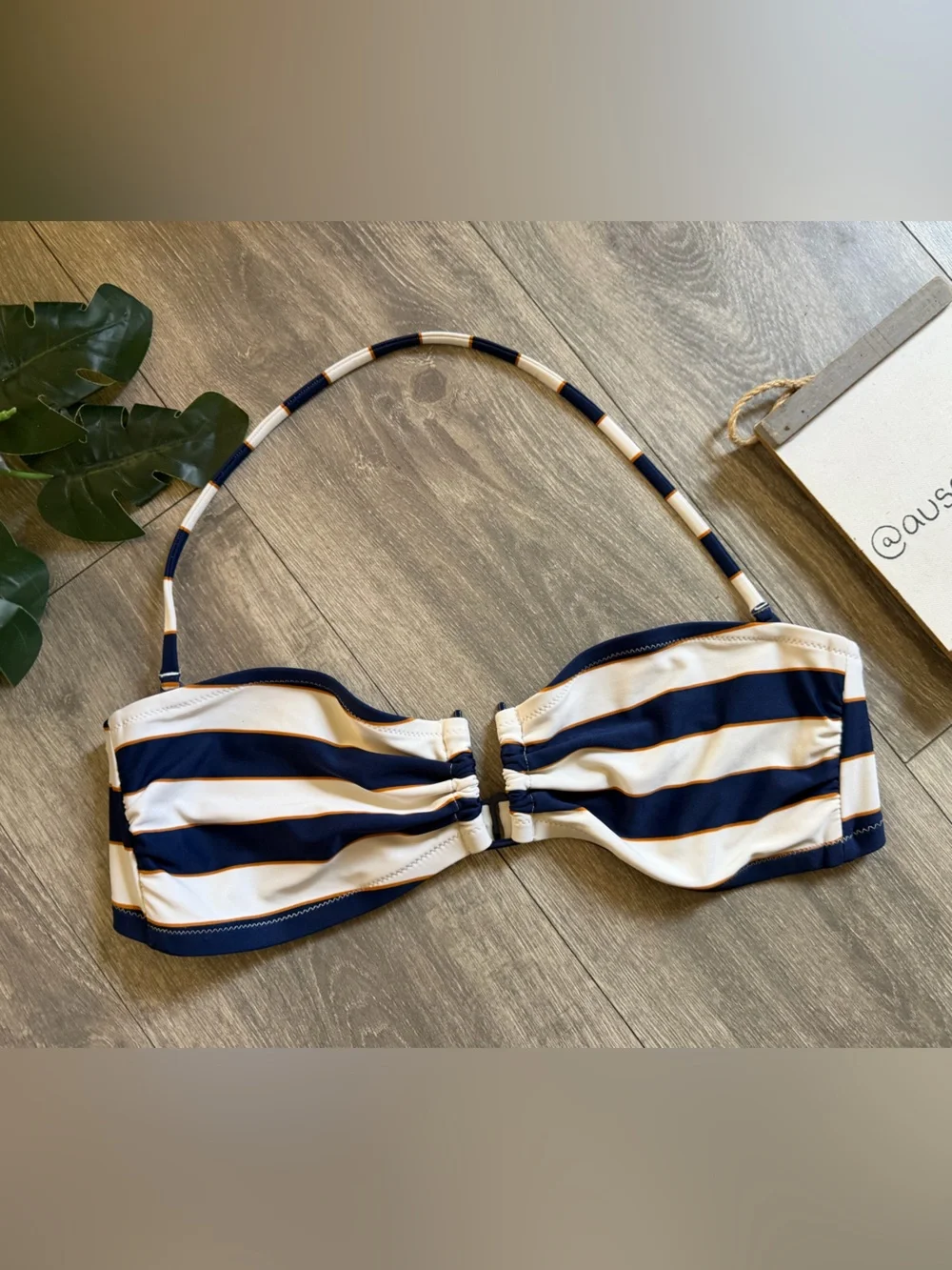 J. Crew Navy Gold and White Striped U Bar Bandeau Bikini Top w Halter Strap. L